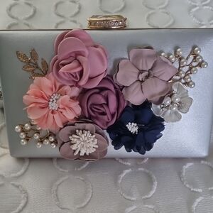 Floral Embellished Silver Clutch